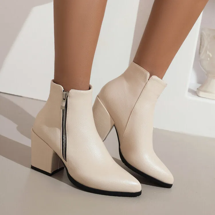 Women's Pu Leather Pointed Toe Side Zippers Block Heel Short Boots