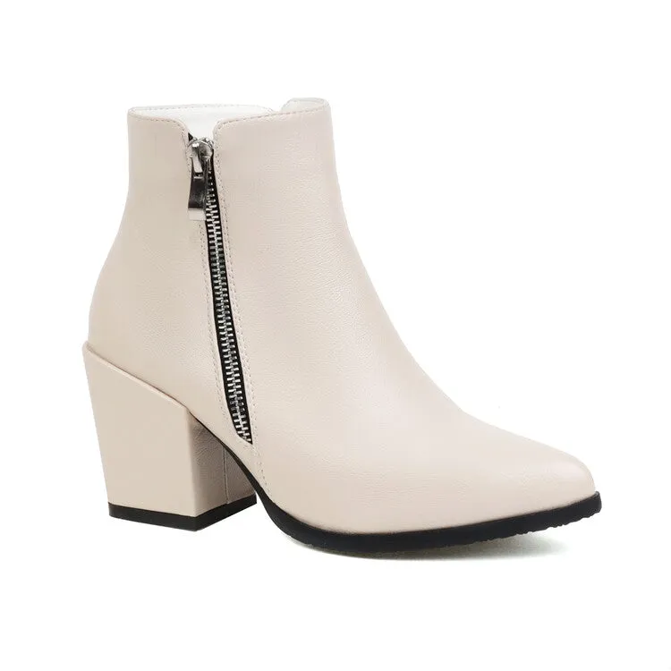 Women's Pu Leather Pointed Toe Side Zippers Block Heel Short Boots