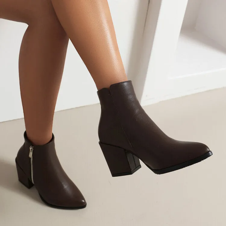 Women's Pu Leather Pointed Toe Side Zippers Block Heel Short Boots