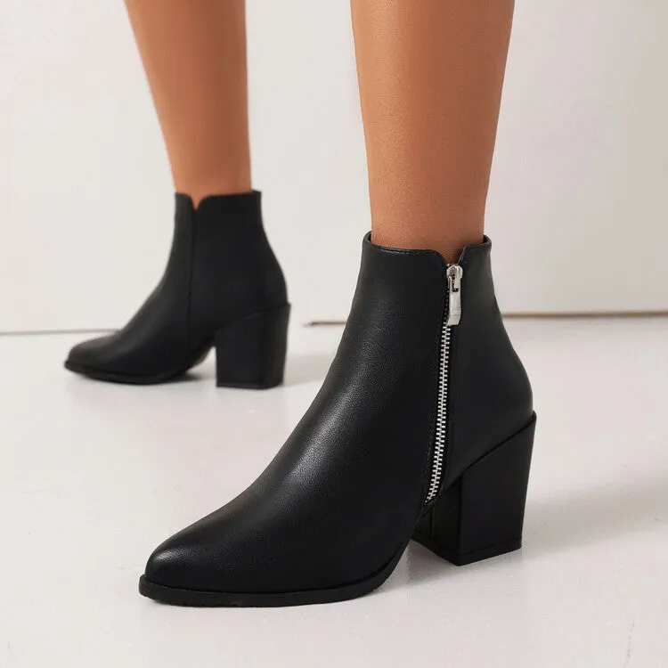 Women's Pu Leather Pointed Toe Side Zippers Block Heel Short Boots