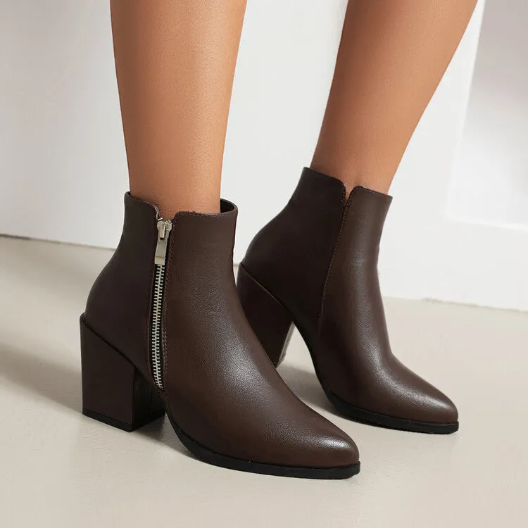 Women's Pu Leather Pointed Toe Side Zippers Block Heel Short Boots