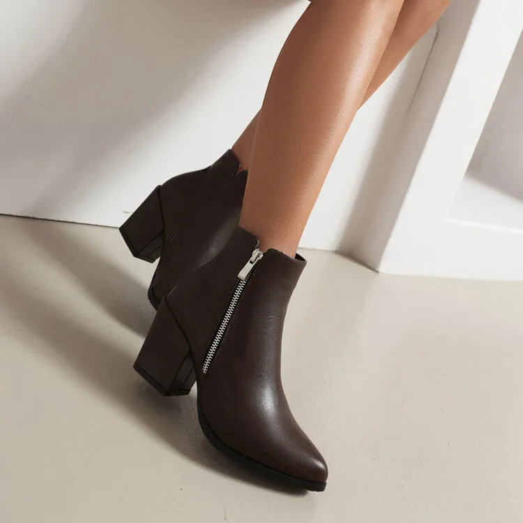 Women's Pu Leather Pointed Toe Side Zippers Block Heel Short Boots